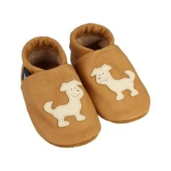 Hausschuhe / Lederpuschen Mit Hund In Caramel / Beige